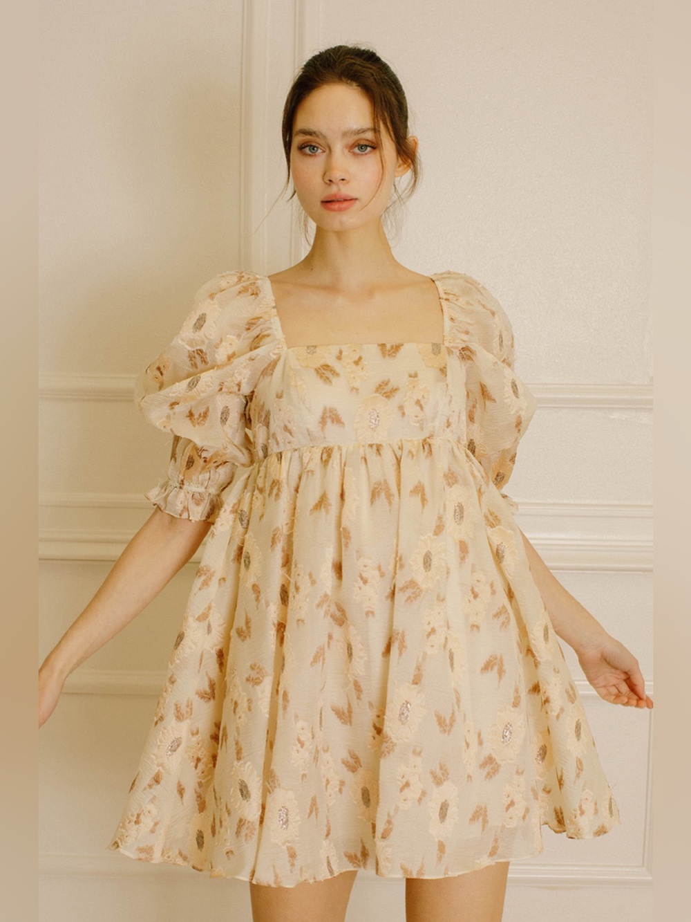 Storia Golden Floral Square Neck Puff Sleeve Mini Babydoll Dress L Large